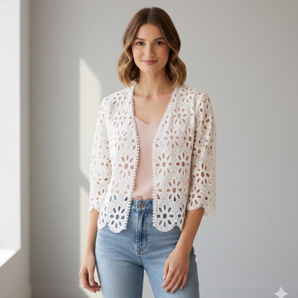 Signature by Robbie Bee White Floral Lace Cardigan